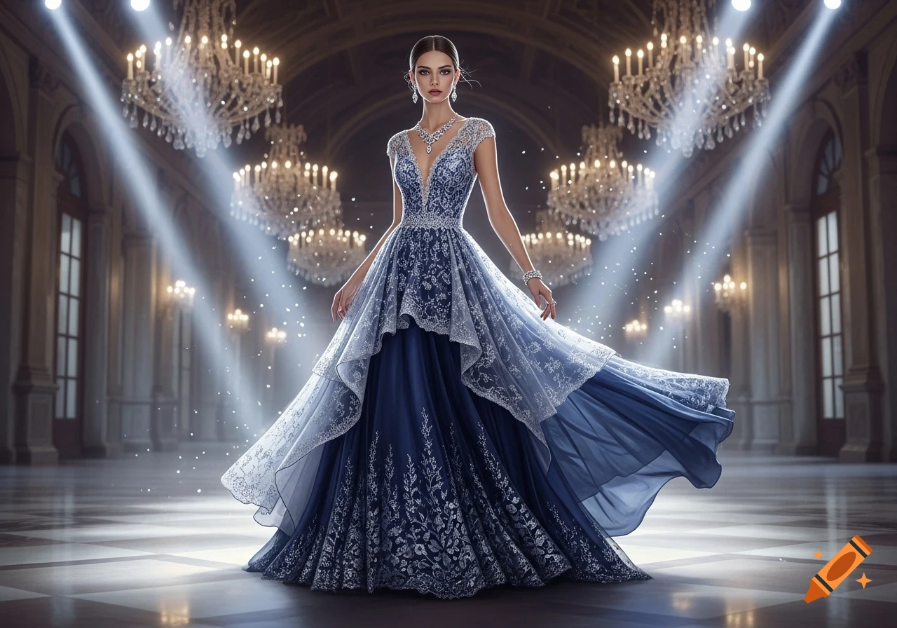 A woman in an elaborate navy blue and white lace gown poses under spotlights in a grand ballroom with chandeliers.