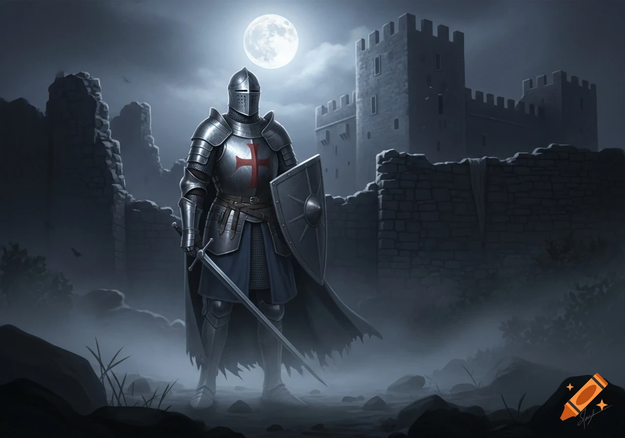 A knight in shining armor with a red cross on his chest stands at night before a ruined castle under a full moon, shrouded in mist.