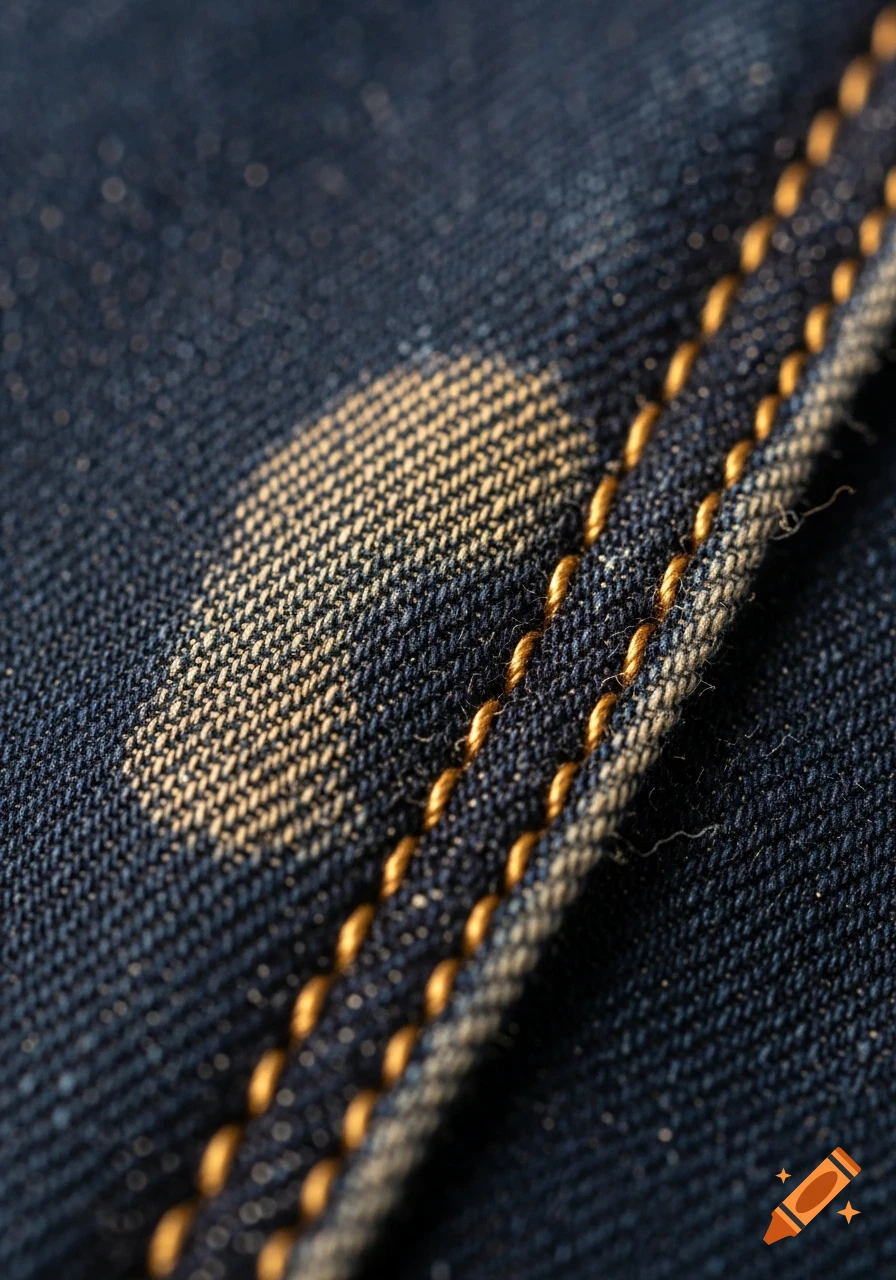 Close-up macro shot of dark blue denim fabric with golden stitching and a light faded patch.