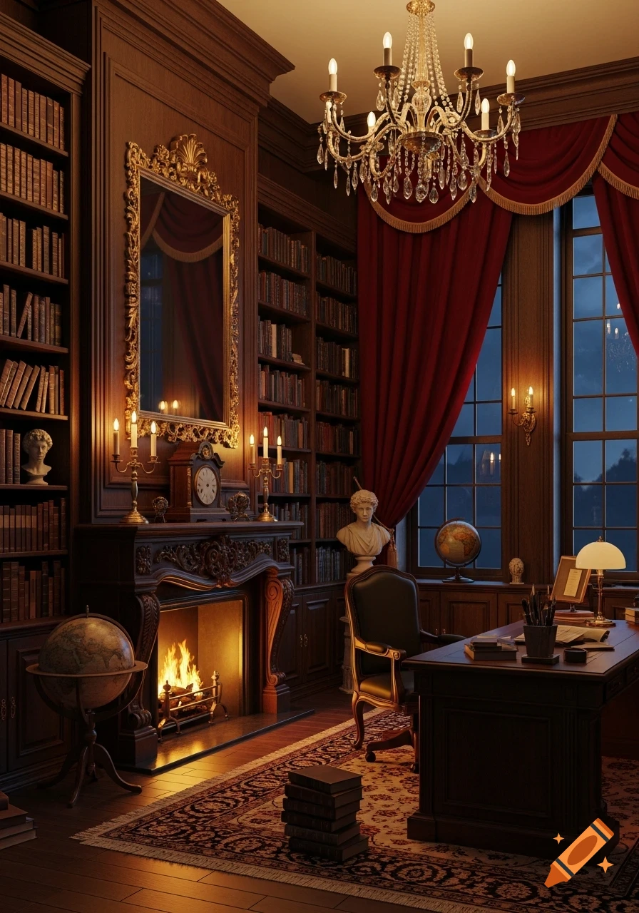 A dimly lit, luxurious study room with tall wooden bookshelves, a grand fireplace with a fire, a chandelier, and a desk.