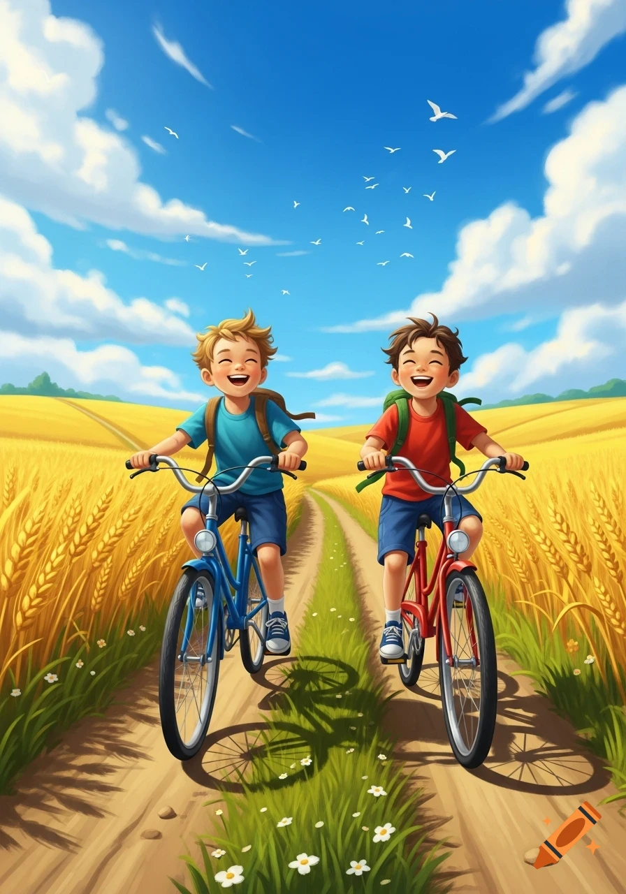 Two happy boys ride bicycles on a dirt path through a golden wheat field under a blue sky with clouds and birds, in a vibrant illustration style.