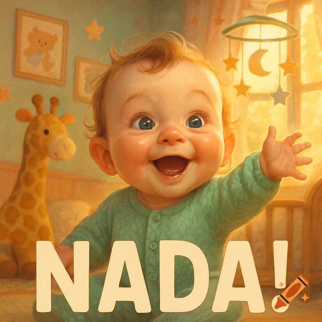 A joyful baby in green pajamas with wide eyes and open mouth, raising a hand in a sunny nursery, with the word 'NADA!' overlaid.
