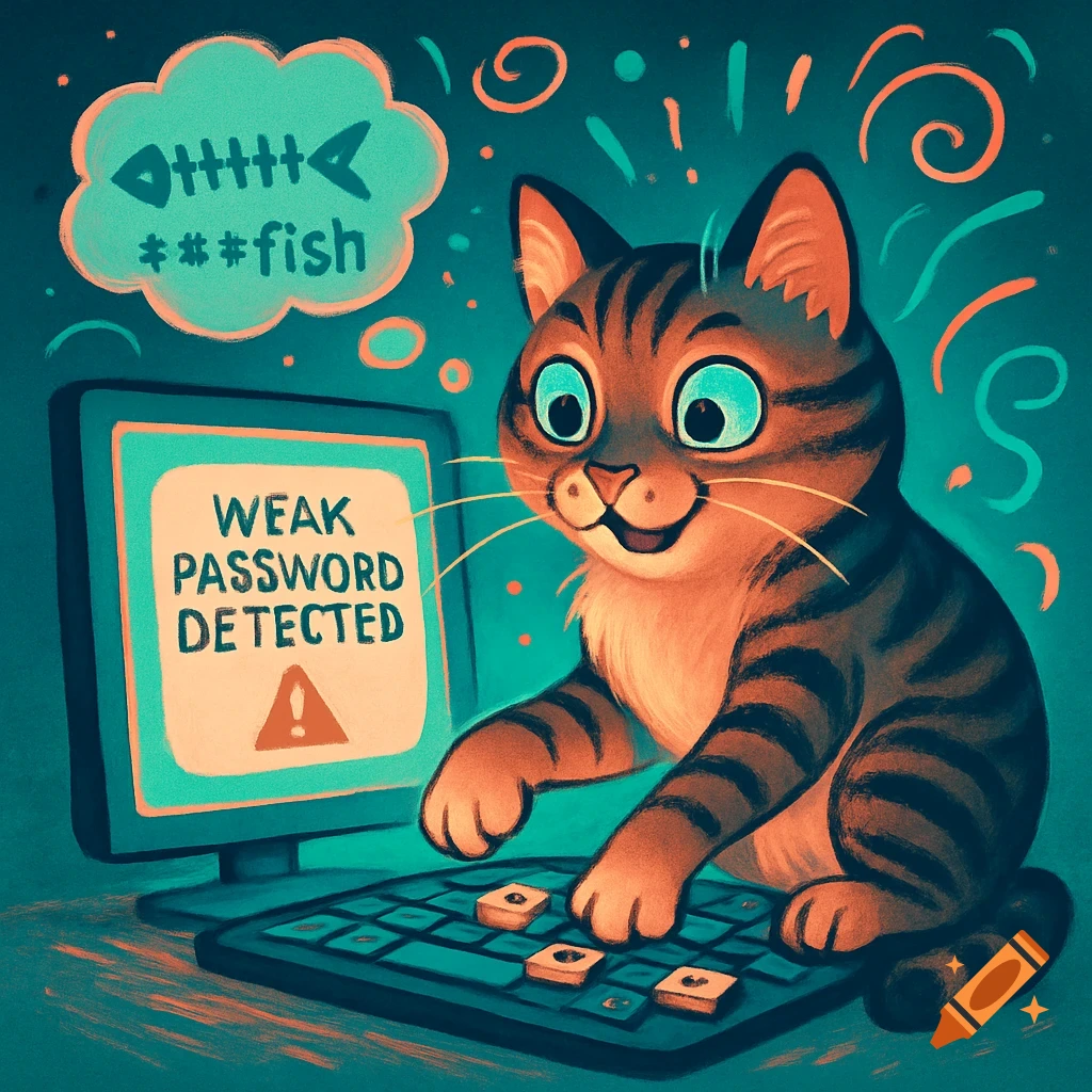 A wide-eyed cartoon cat types on a laptop displaying 'WEAK PASSWORD DETECTED'. A thought bubble shows a fish skeleton and '###fish'.