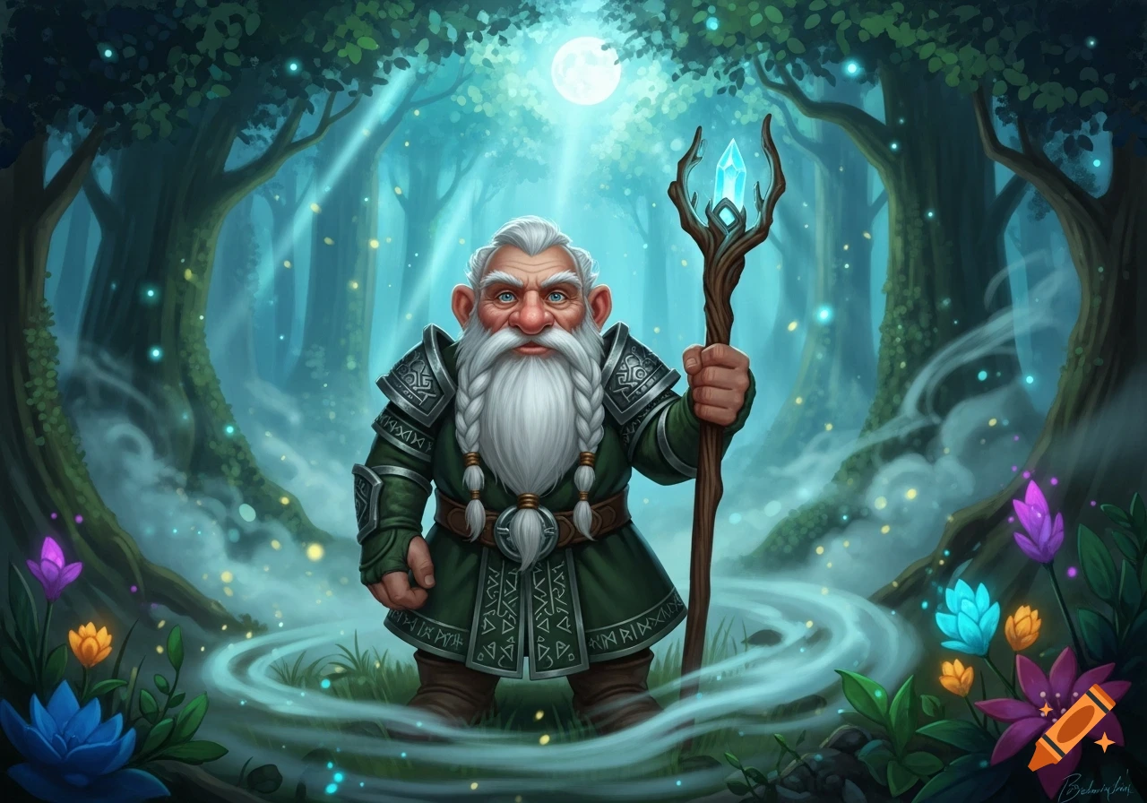 A majestic fantasy dwarf with a white braided beard and green robes holds a crystal staff in a magical, glowing forest under a full moon.