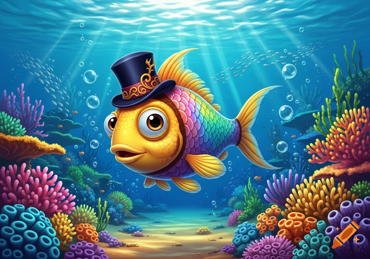 A whimsical cartoon fish with rainbow scales and a top hat swims in a vibrant coral reef among bubbles and small fish.