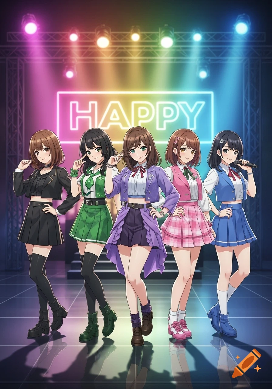 Five anime-style female idols in colorful stage outfits pose under neon lights that spell "HAPPY" on a stage.