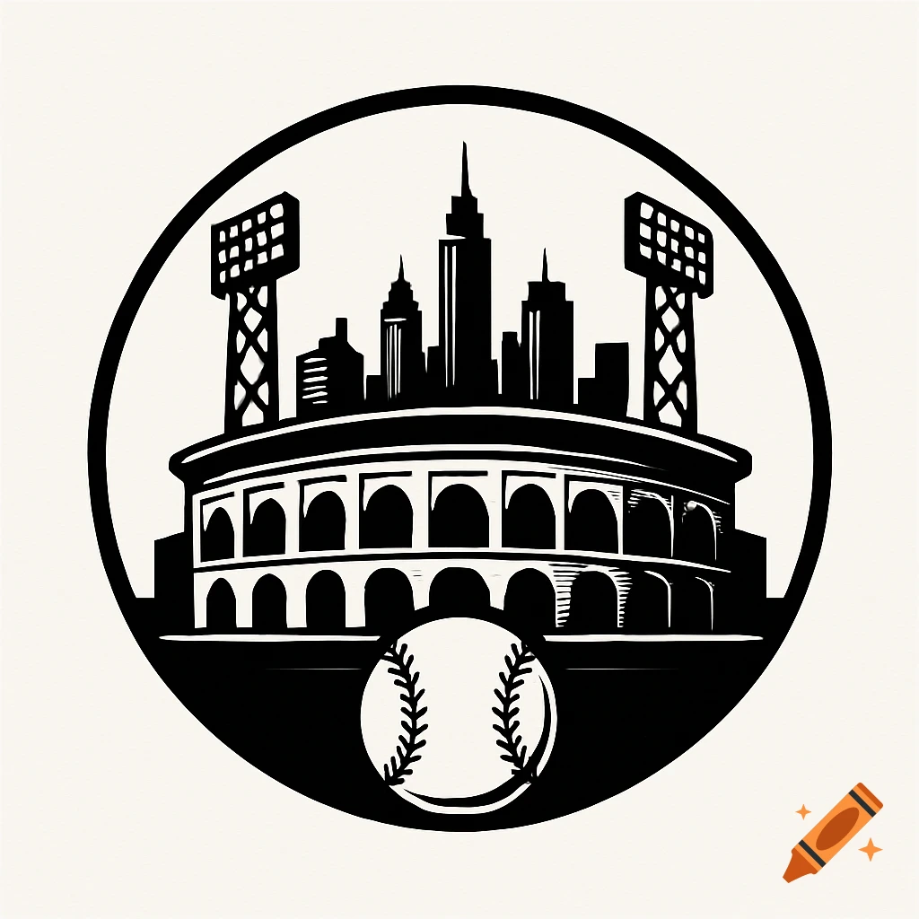 Black and white circular logo featuring a baseball stadium, city skyline, and a baseball, in illustration style.