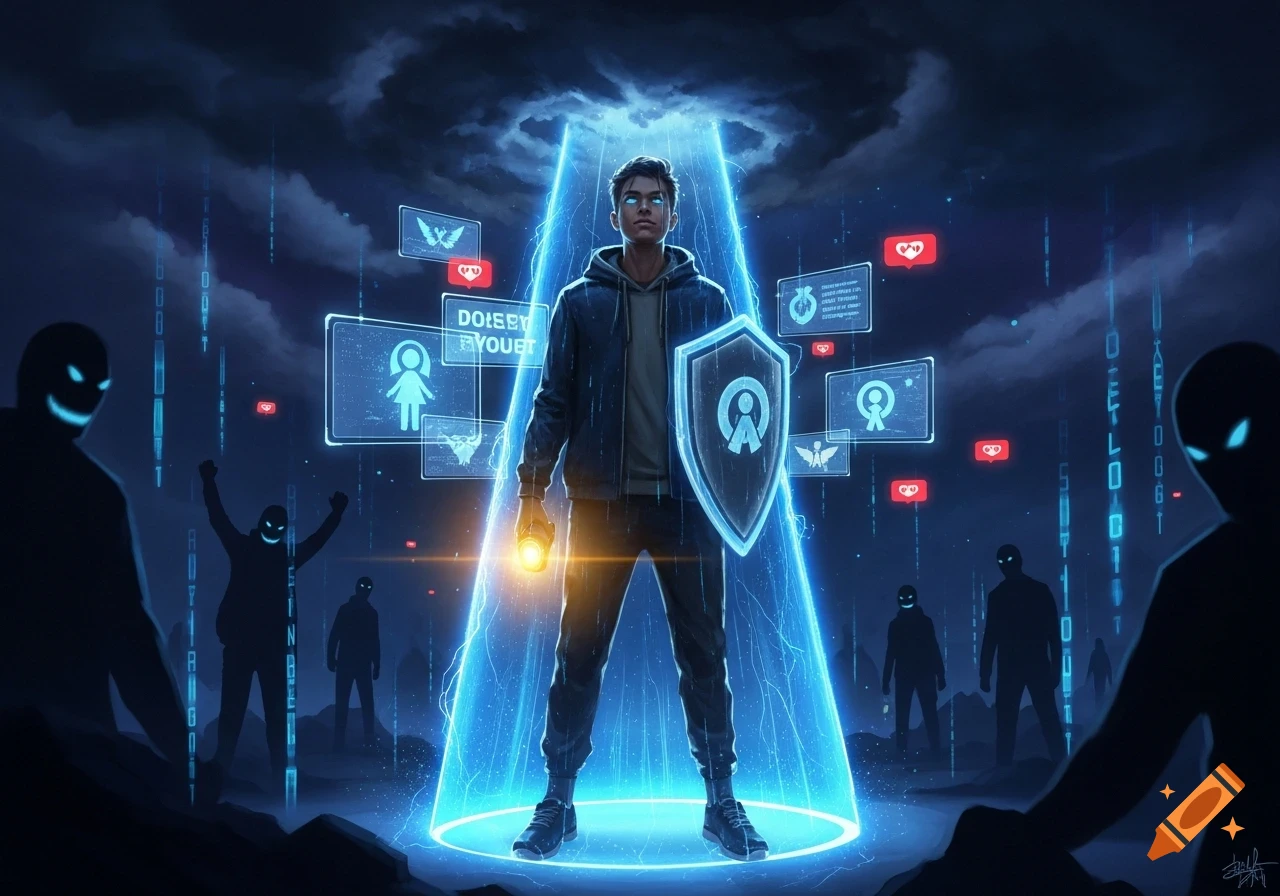 A young person stands in a blue light beam, holding a shield, surrounded by holographic screens and shadowy figures in a dark, digital landscape.