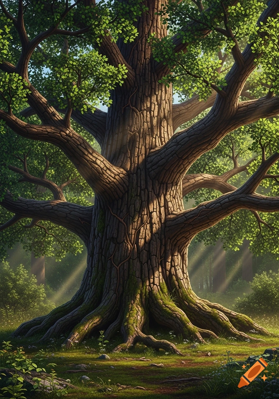 A majestic, ancient oak tree with a massive trunk and lush green leaves, illuminated by sunbeams in a forest.