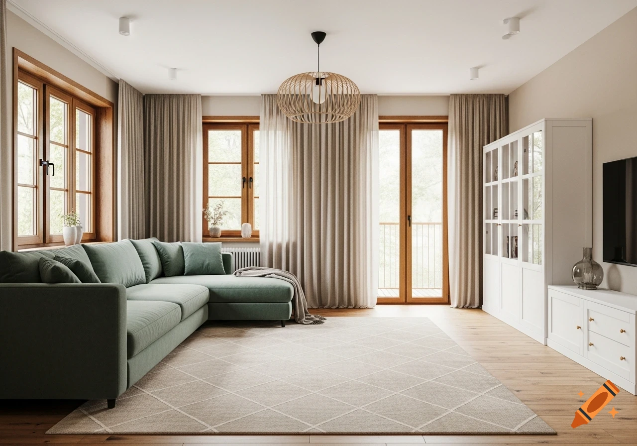 A photorealistic modern living room with a green corner sofa, a beige geometric rug, wooden windows, and white cabinets.