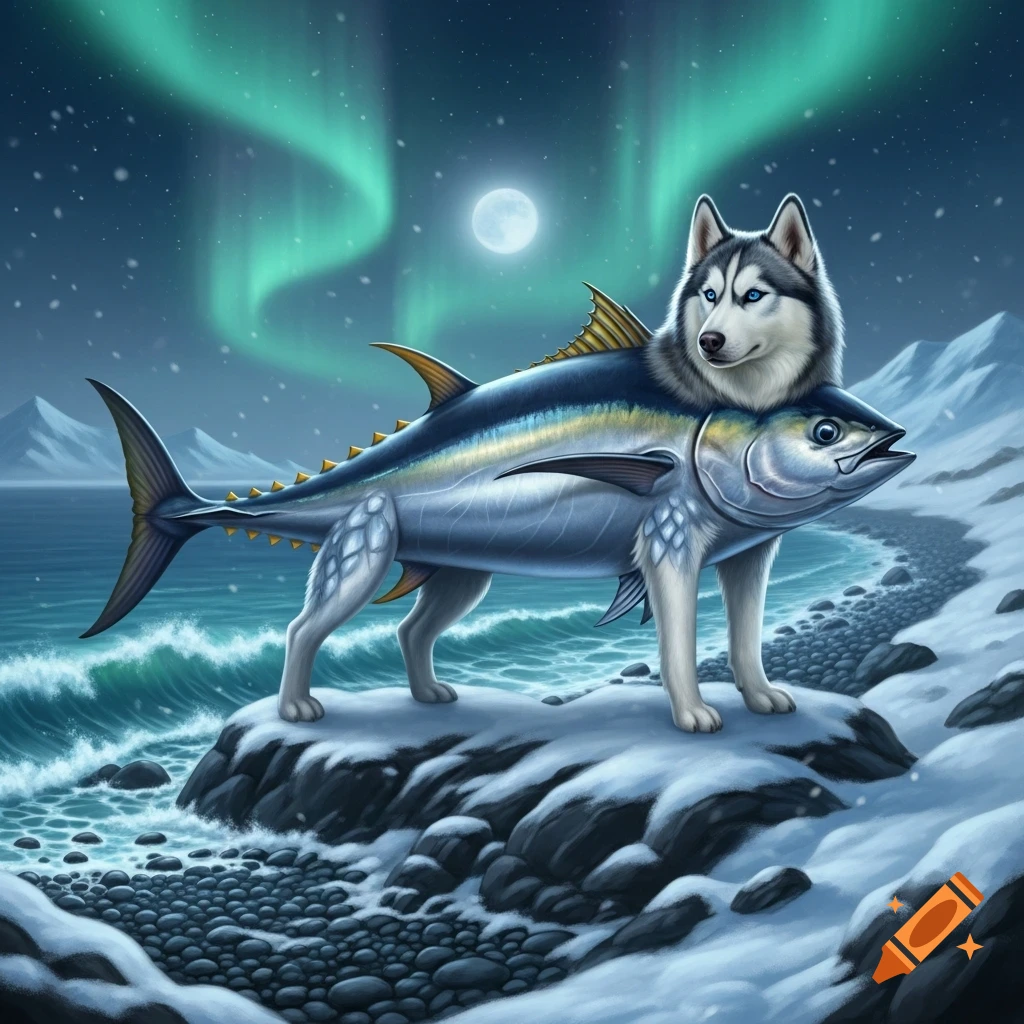 A husky-tuna hybrid creature stands on snowy rocks by a rough sea, under a full moon and vibrant aurora borealis.