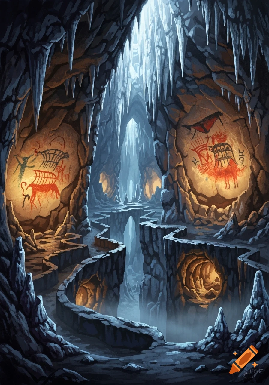 An ethereal ice age cave interior with winding paths, glowing cave paintings, and numerous stalactites, in an illustrative fantasy style.