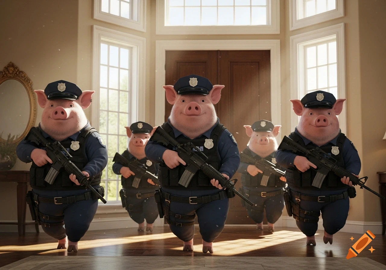 Four anthropomorphic pigs in police uniforms and tactical vests, armed with M4 assault rifles, walk forward through a house.