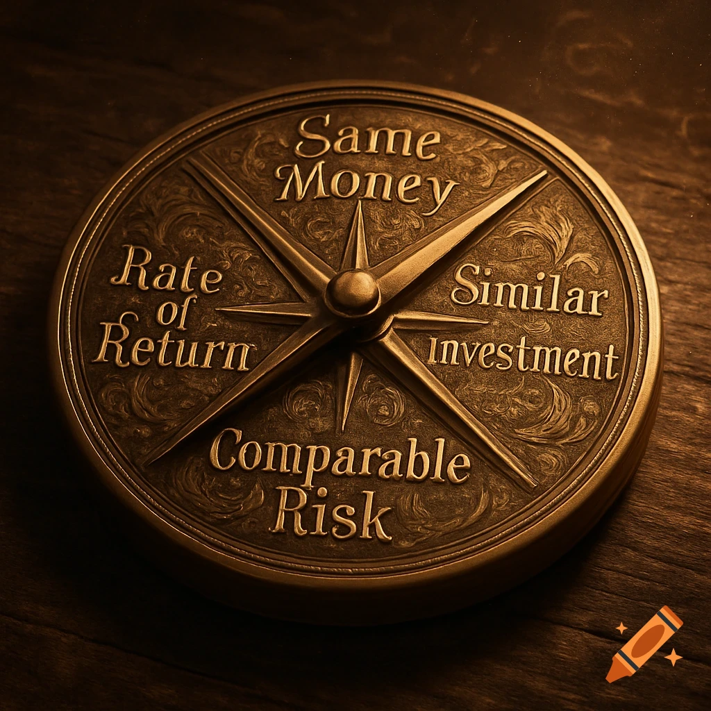 A bronze-colored decorative disc resembling a compass with four arms labeled 'Same Money', 'Similar Investment', 'Comparable Risk', and 'Rate of Return' on a wooden surface.