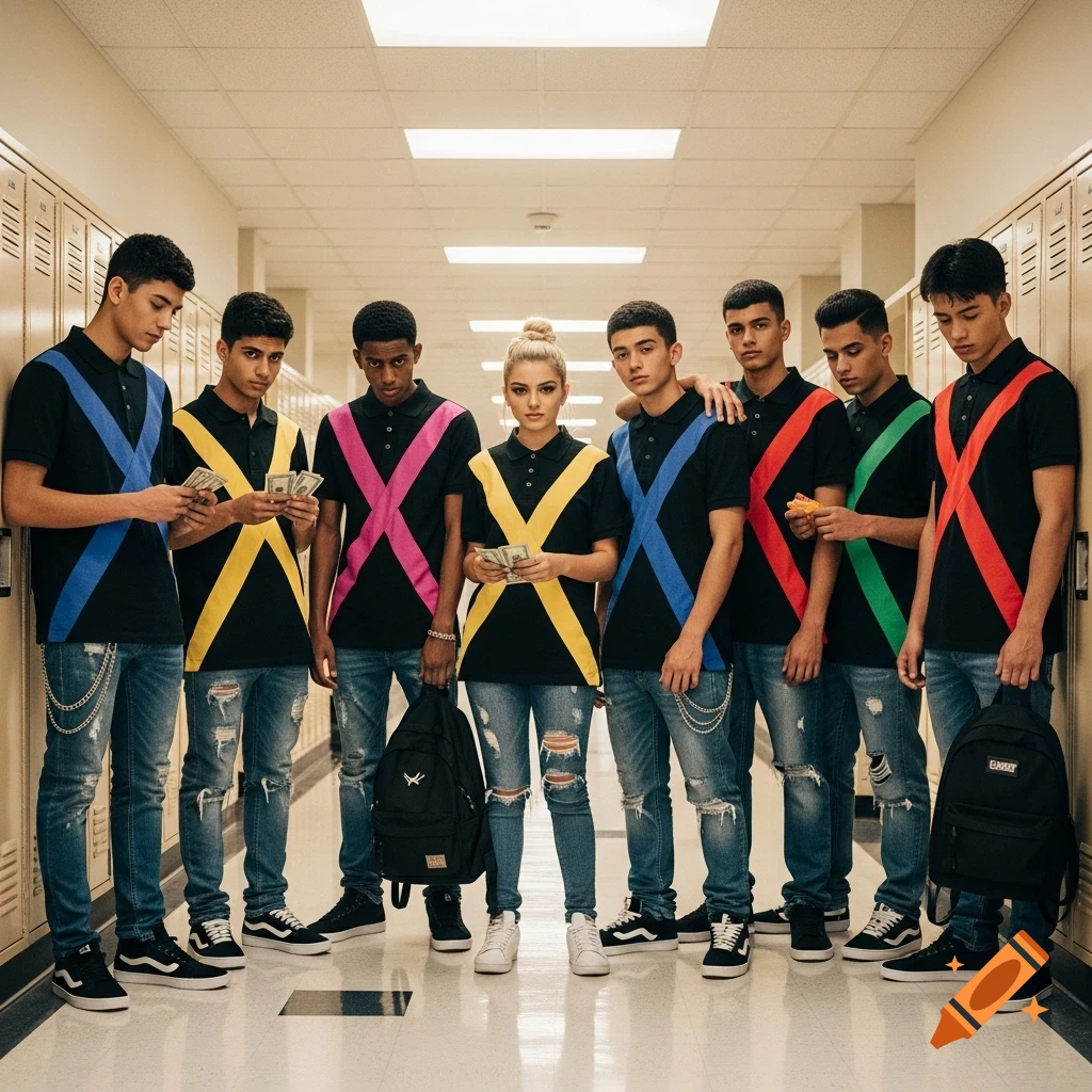 Seven teenagers in streetwear, wearing black polos with colorful X-stripes and ripped jeans, stand in a high school hallway, some holding money or backpacks, in a photorealistic fashion photo.