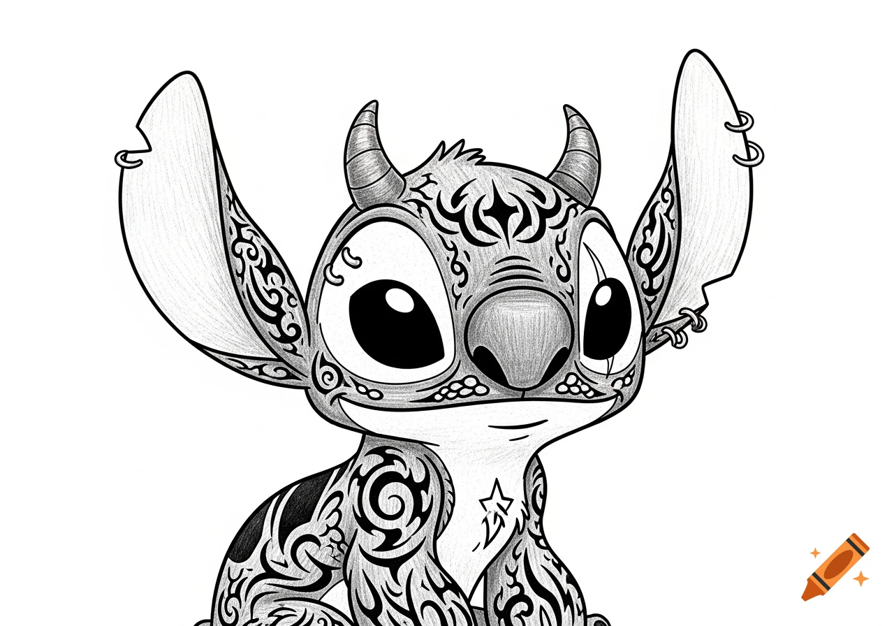Black and white line drawing of a stylized Stitch character with horns, tribal tattoos, and piercings, smiling slightly.