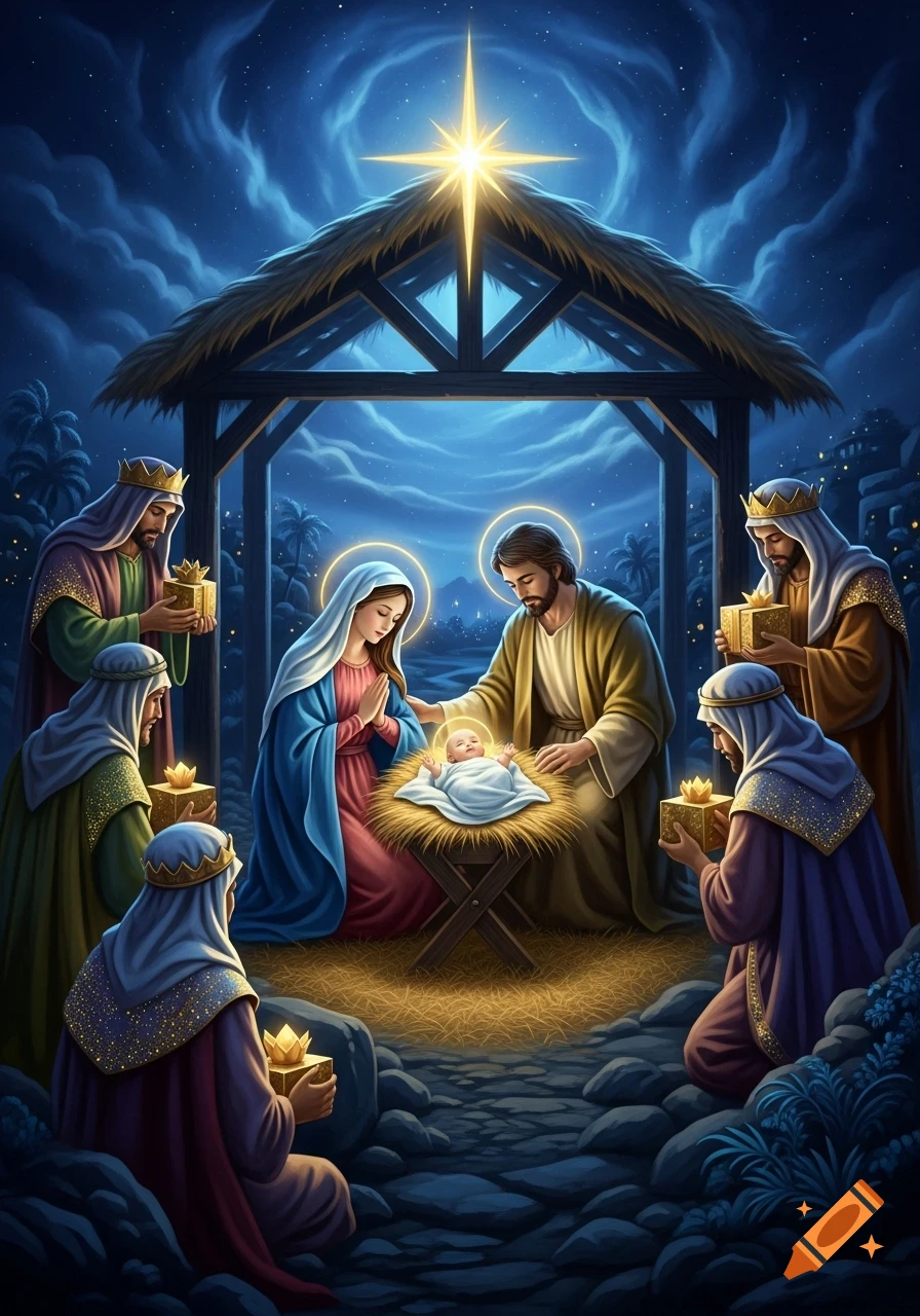 A vibrant illustration of the Nativity scene with Mary, Joseph, and three wise men adoring baby Jesus under a bright star.