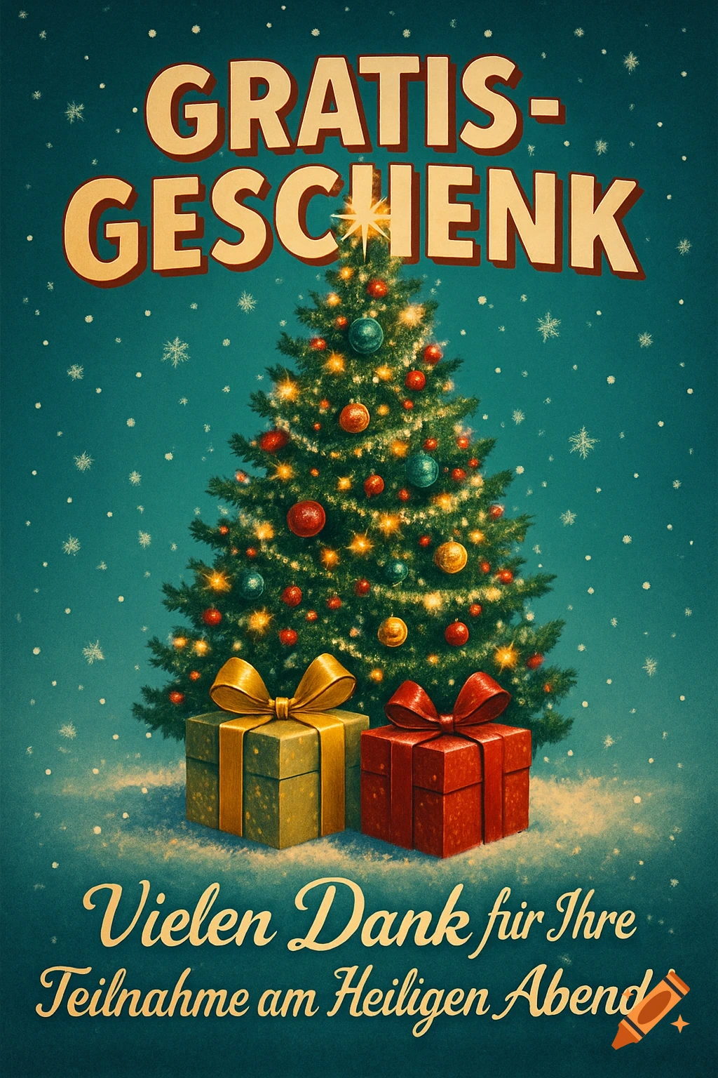 A vintage-style Christmas poster with a decorated tree, two gift boxes, and German text reading "GRATIS-GESCHENK" and a thank you message.
