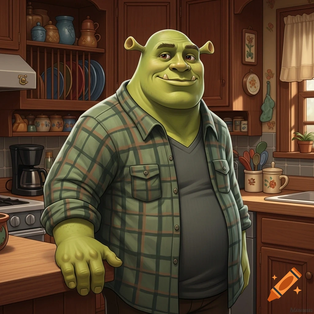 A friendly green ogre character resembling Shrek, wearing a plaid shirt, stands casually in a cozy, rustic kitchen.