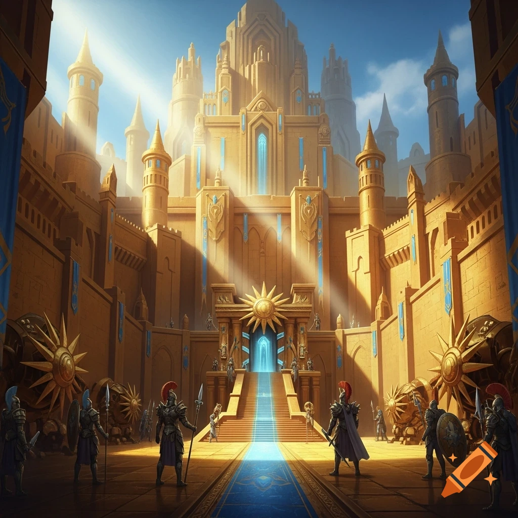 A grand golden fantasy fortress with a glowing blue entrance and sun motif, guarded by warriors with spears under sunlit skies.