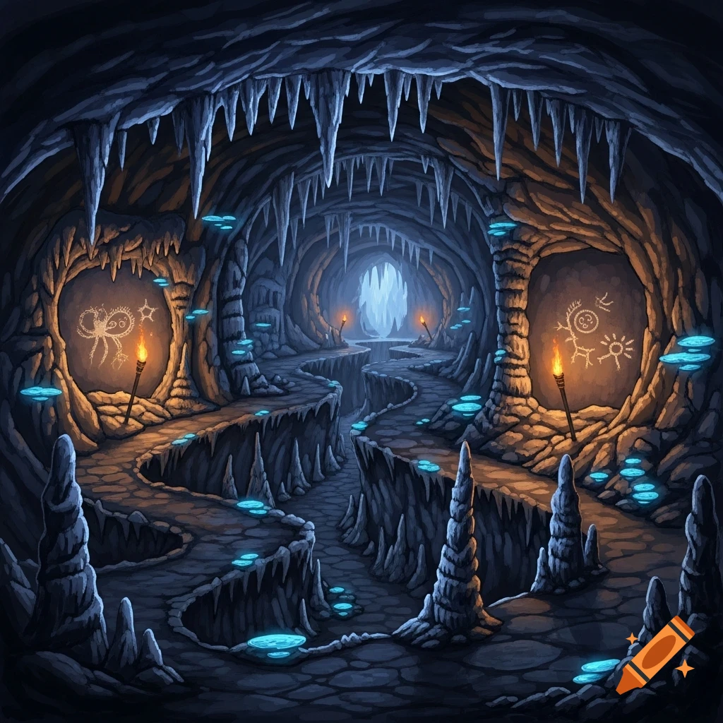 A fantasy illustration of a dark cave with glowing stalactites, stalagmites, winding paths, torches, and primitive cave paintings.