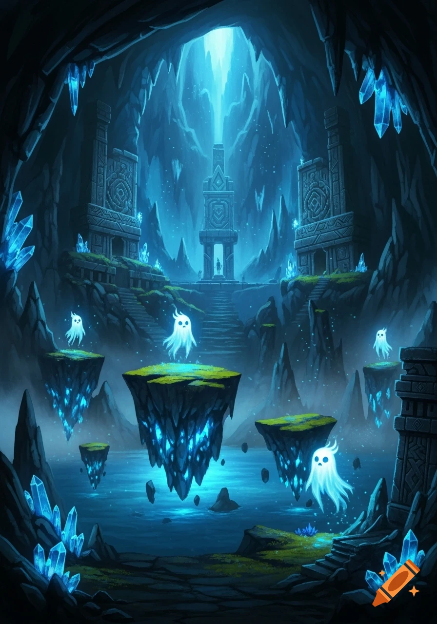 A mystical blue-lit underground cavern with glowing crystals, ancient ruins, floating islands, and ethereal white spirits.