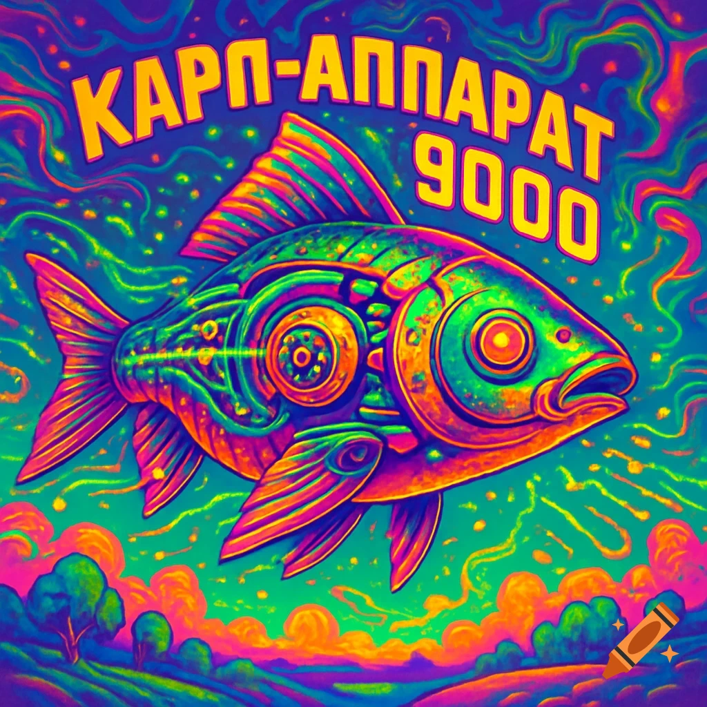 A vibrant, neon-colored mechanical fish floats above a swirling psychedelic landscape with the text "КАРП-АППАРАТ 9000".