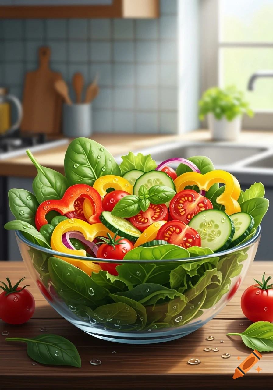 A vibrant, fresh salad in a glass bowl on a wooden kitchen counter with water droplets. Includes spinach, bell peppers, cucumbers, tomatoes, and basil.