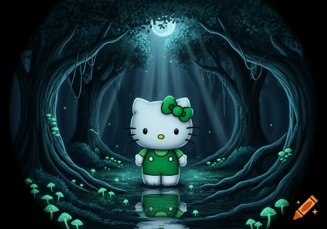 Cartoon Hello Kitty in green overalls stands in a dark, moonlit fantasy forest with glowing blue-green mushrooms and gnarled trees.