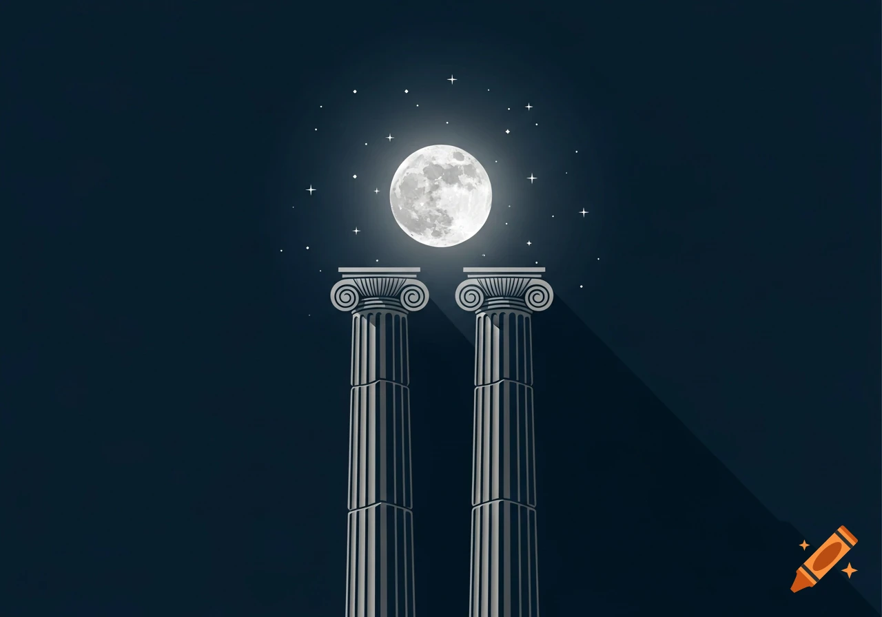 Two classical stone columns under a bright full moon and scattered stars in a dark blue night sky, simple illustration.