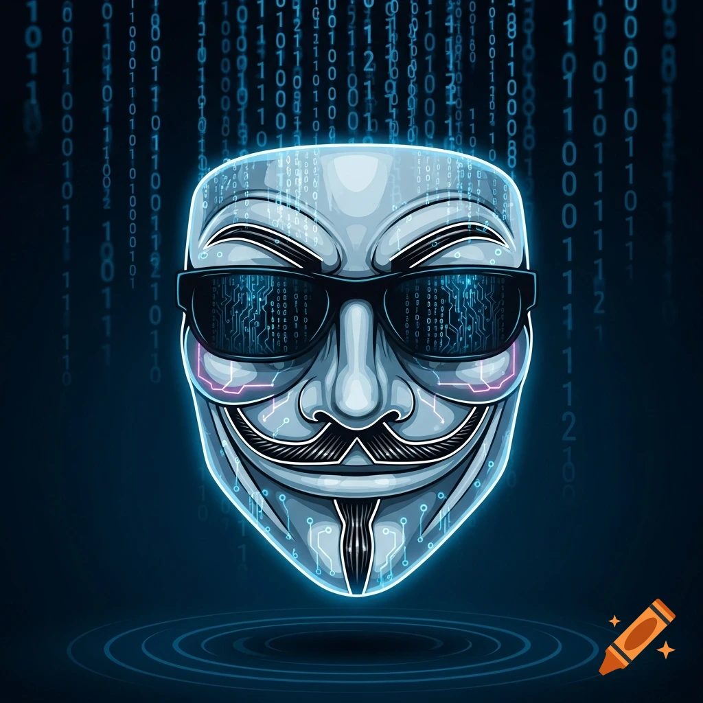 Stylized Guy Fawkes mask with sunglasses against a backdrop of falling binary code, featuring glowing circuit patterns.