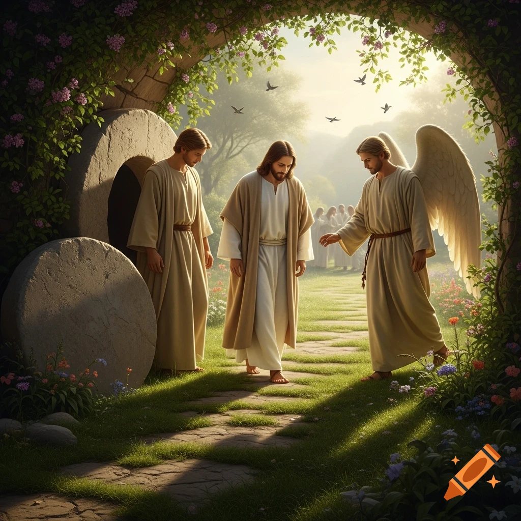Jesus, barefoot and robed, walks from an empty stone tomb, accompanied by two figures, one with large white wings, in a lush, sunlit garden.