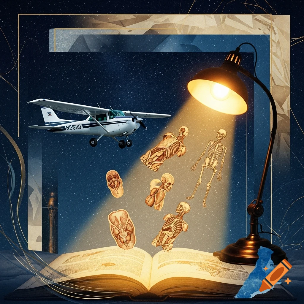 Surreal collage of a Cessna plane, a lit desk lamp, medical skeleton illustrations, and an open book against a starry night.