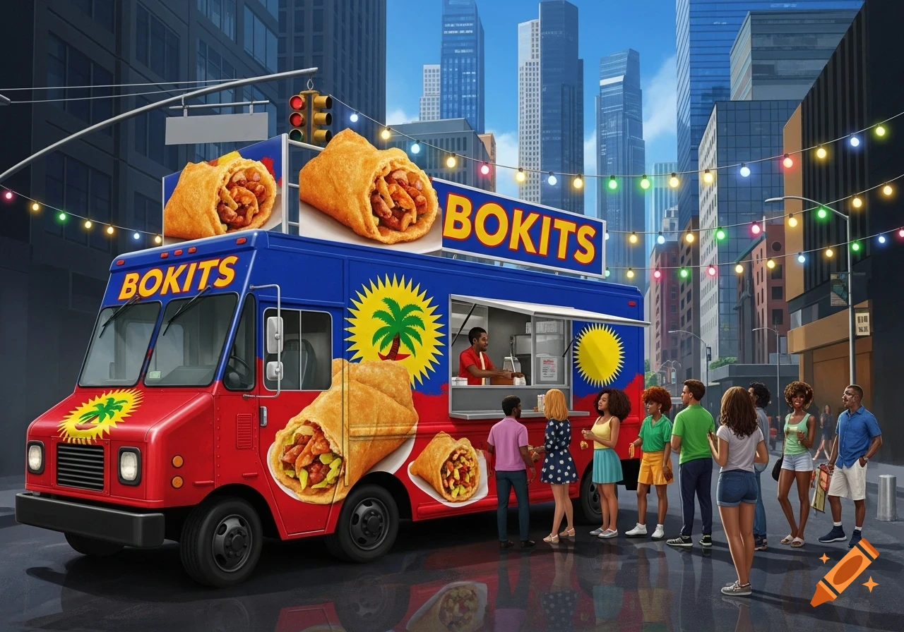 A colorful red and blue 'BOKITS' food truck sells fried sandwiches on a bustling city street at night, with people lining up.