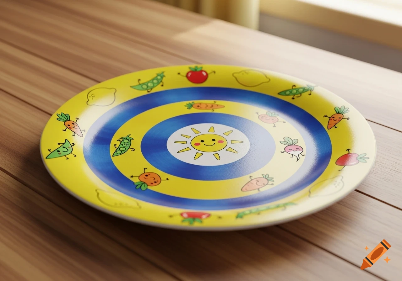 Bright yellow cartoon plate with a smiling sun in blue circles, surrounded by whimsical vegetables and fruits, on a wooden table.