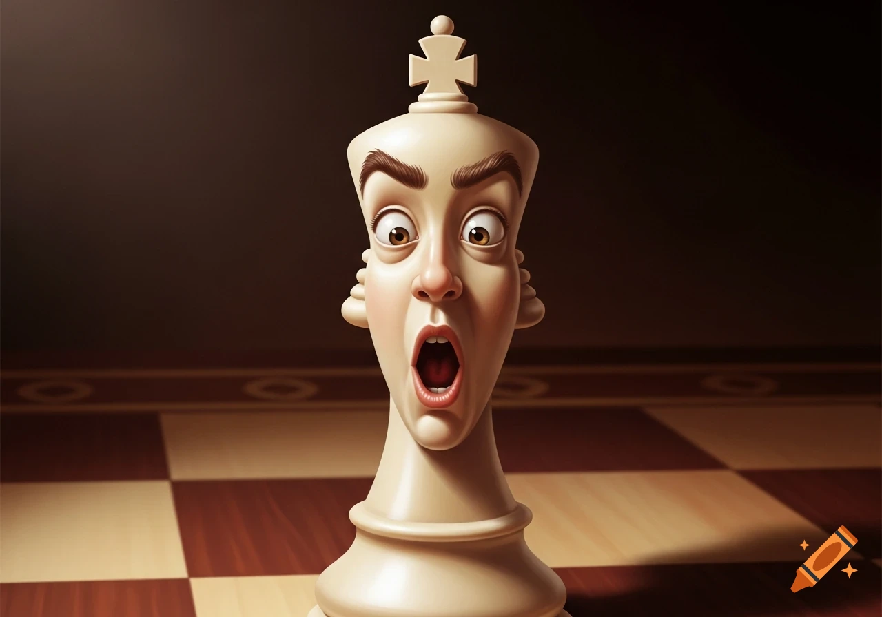 Cartoonish white chess king piece with a surprised face, mouth agape and eyes wide, on a chess board.