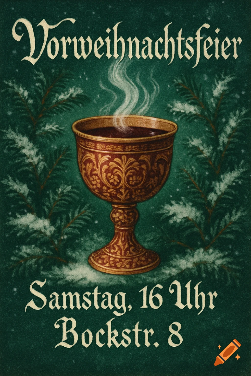 Vintage-style Christmas flyer with an ornate golden goblet, steaming drink, snow-dusted pine branches, and German text.