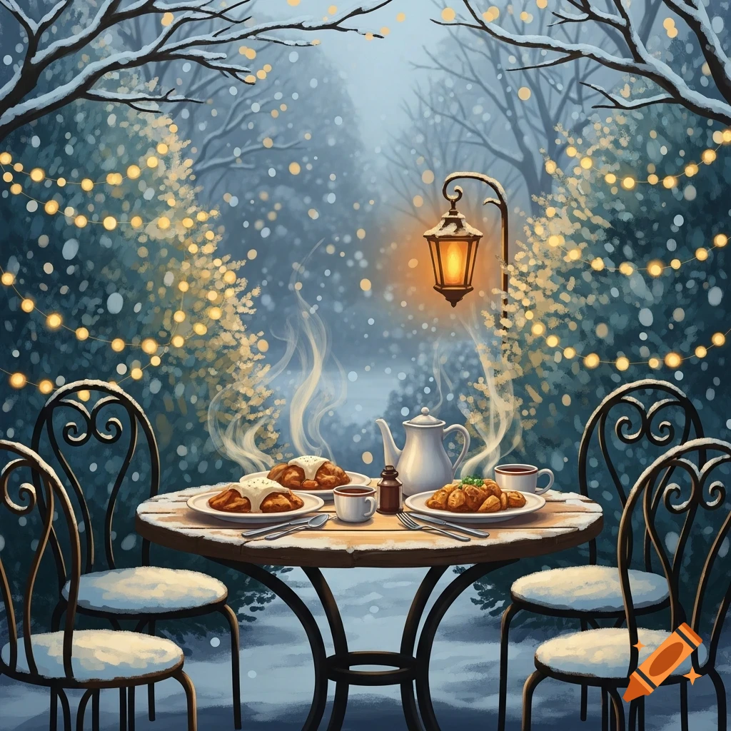 A cozy outdoor dining table set with steaming food and drinks in a snowy winter forest, illuminated by glowing string lights and a lantern.