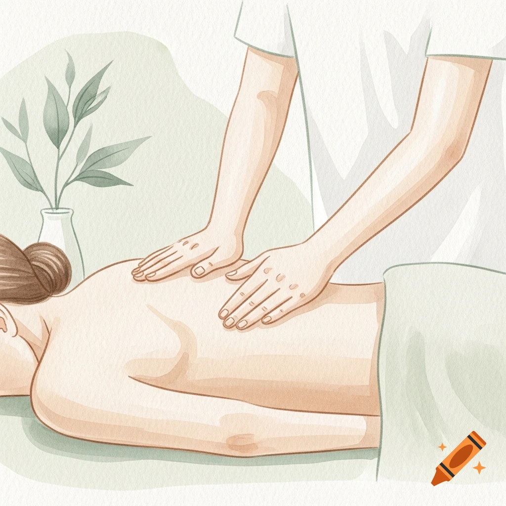 Soft watercolor illustration of a person receiving a back massage in a peaceful setting with a plant in a vase.