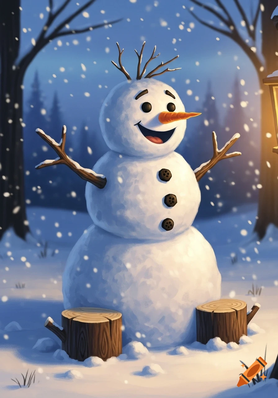 A cheerful snowman with branch arms, a carrot nose, and coal features stands in a snowy forest with falling snow.