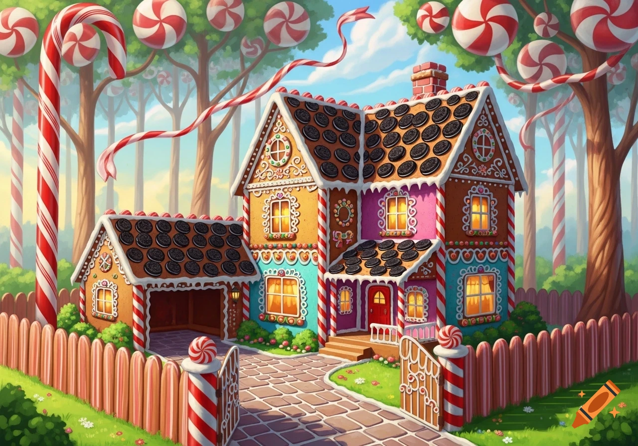 A whimsical gingerbread house with Oreo roofs, a garage, and candy cane fence, nestled in a vibrant candy cane forest with giant lollipops.