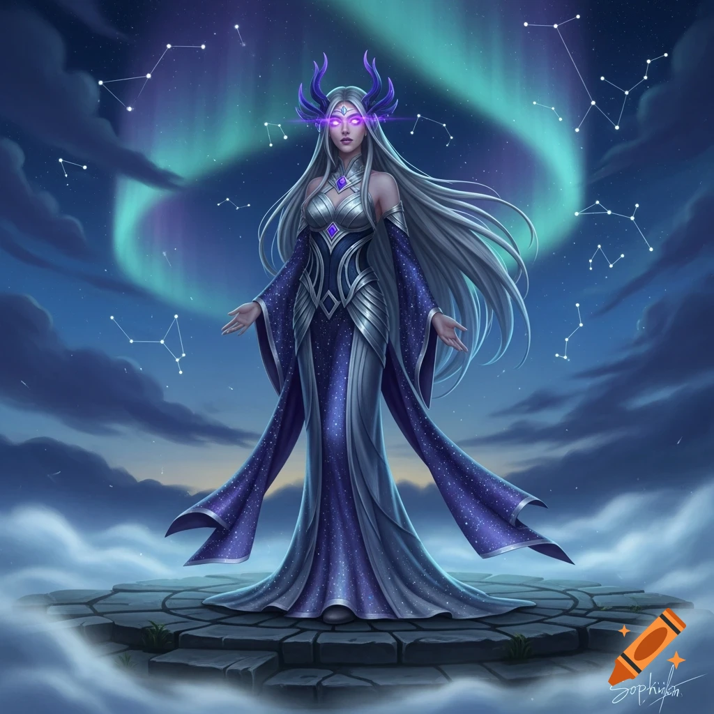 A fantasy woman with long white hair, purple horns, and glowing eyes, wearing a starry blue dress, stands under an aurora borealis sky with constellations.
