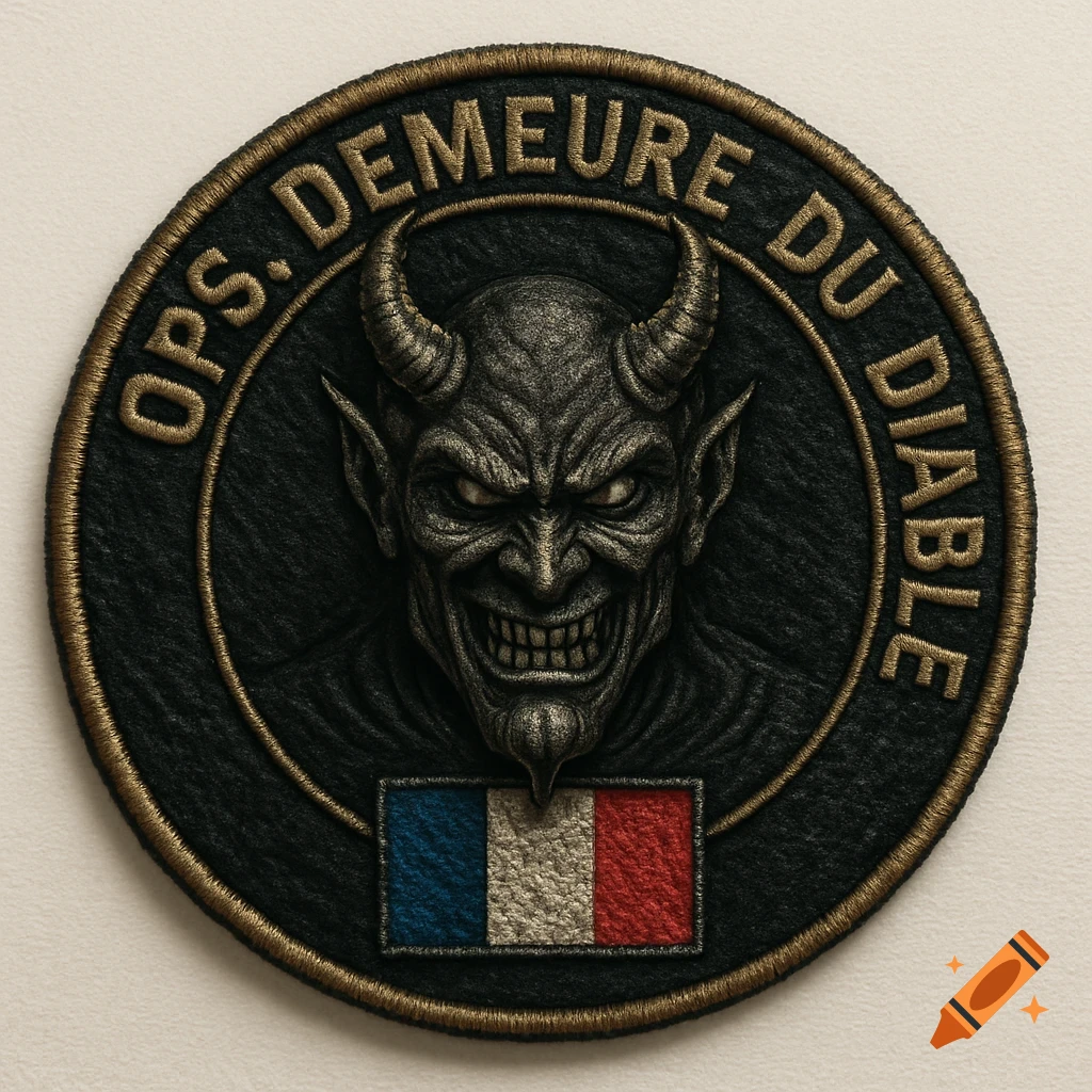 Circular military patch with a menacing grey demon face, gold text 'OPS. DEMEURE DU DIABLE', and a French flag.