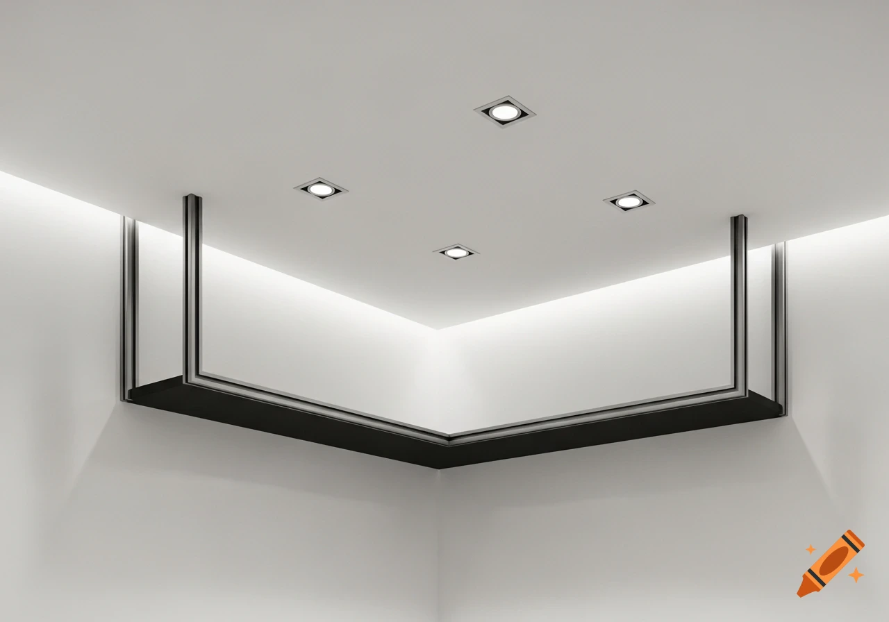 A modern white ceiling with four recessed lights and a dark grey L-shaped suspended structure emitting soft light in the corner.
