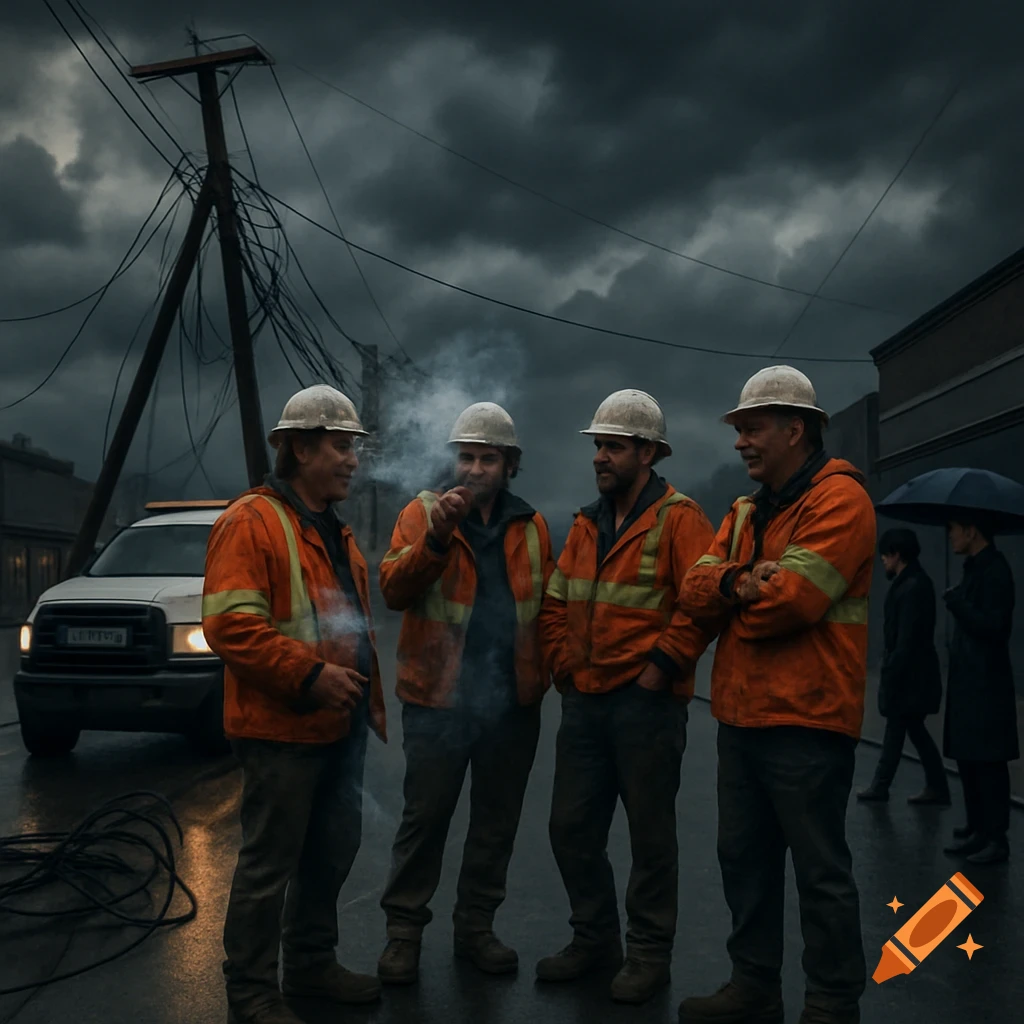Four utility workers in orange jackets and hard hats stand on a wet street under a dark, cloudy sky with a downed power pole.