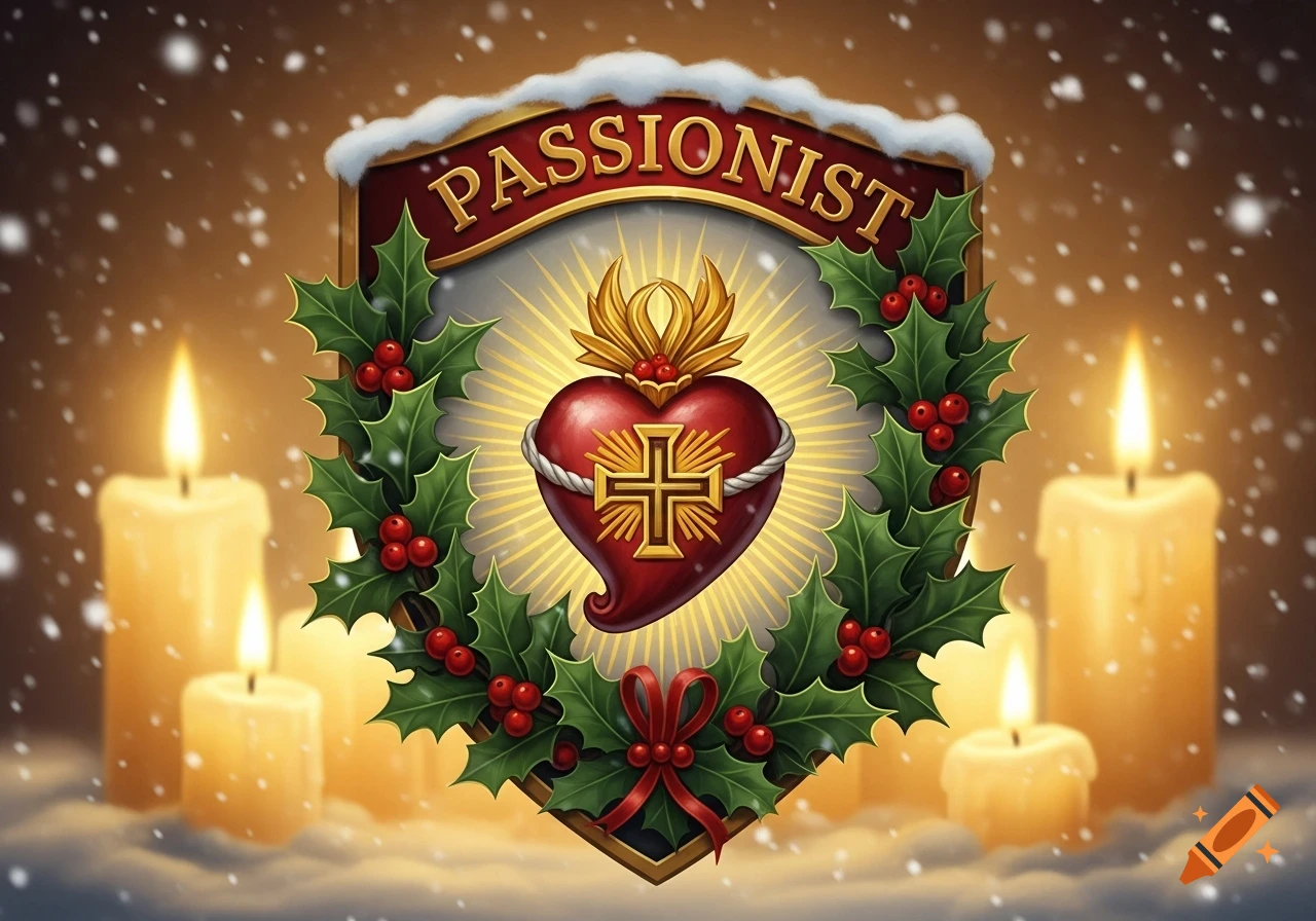 Passionist shield with a heart and cross, surrounded by holly and candles in a snowy Christmas scene.
