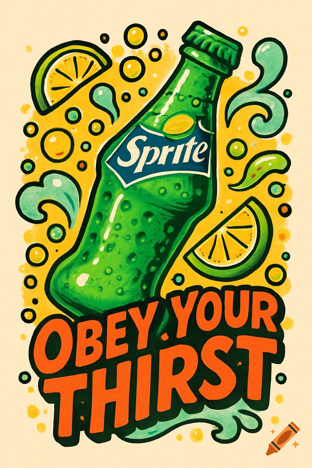 A vibrant cartoon illustration of a green Sprite bottle, lime slices, bubbles, and bold orange text 'OBEY YOUR THIRST'.