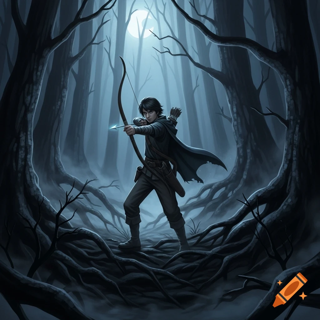 A young boy with black hair aims a glowing arrow with a bow in a dark, misty fantasy forest under a full moon.