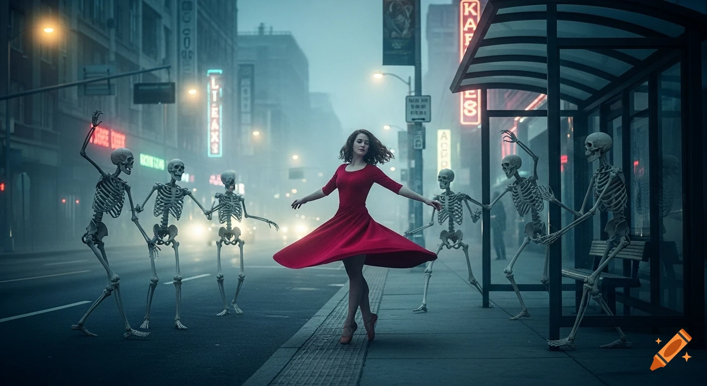 A woman in a red dress dances on a misty city street with several ...