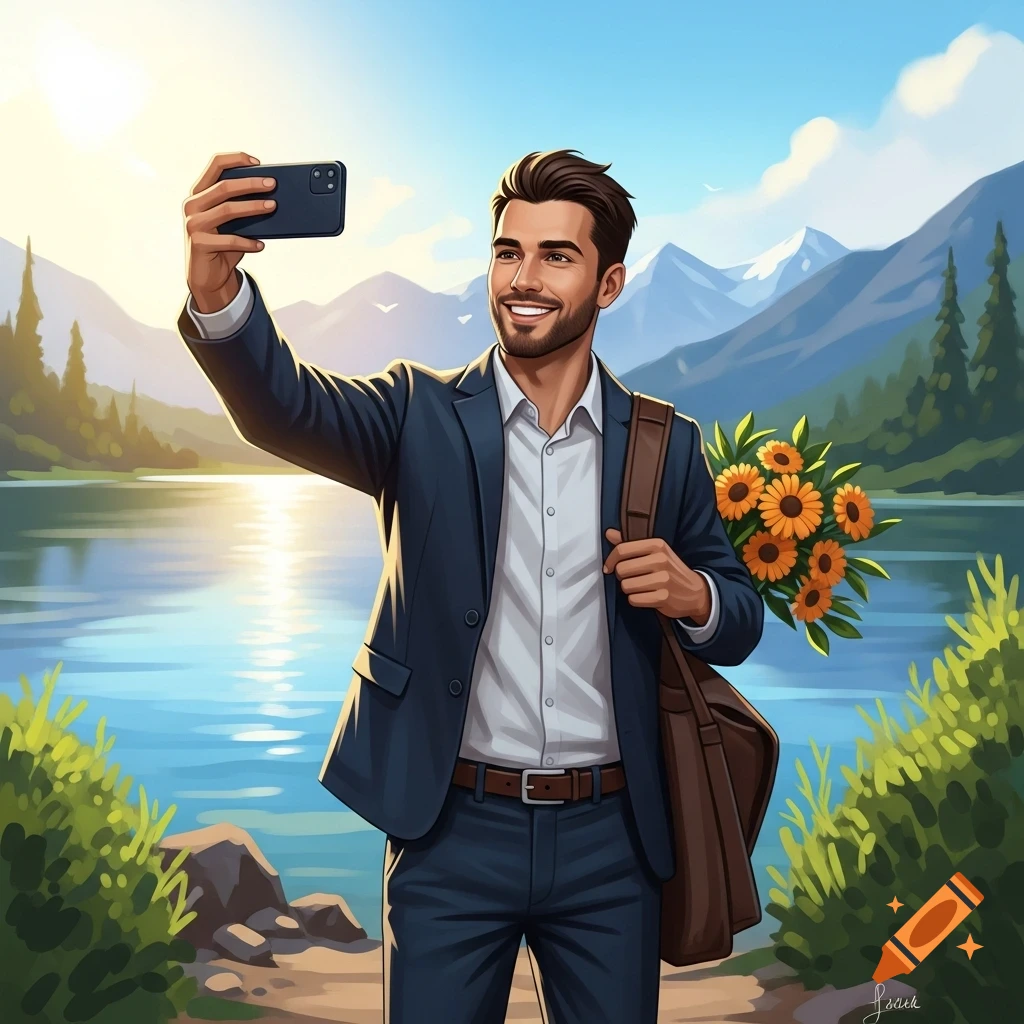 An illustrated smiling man in a suit takes a selfie by a sunny lake with mountains and sunflowers.